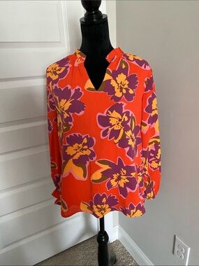 Bright Orange Floral Split-Neck Women's Blouse